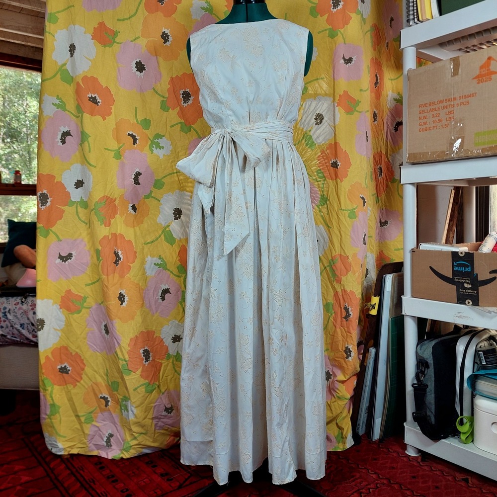 Vintage 1950s Handmade Wedding Dress Cream Floral Maxi Gown Sash Bow